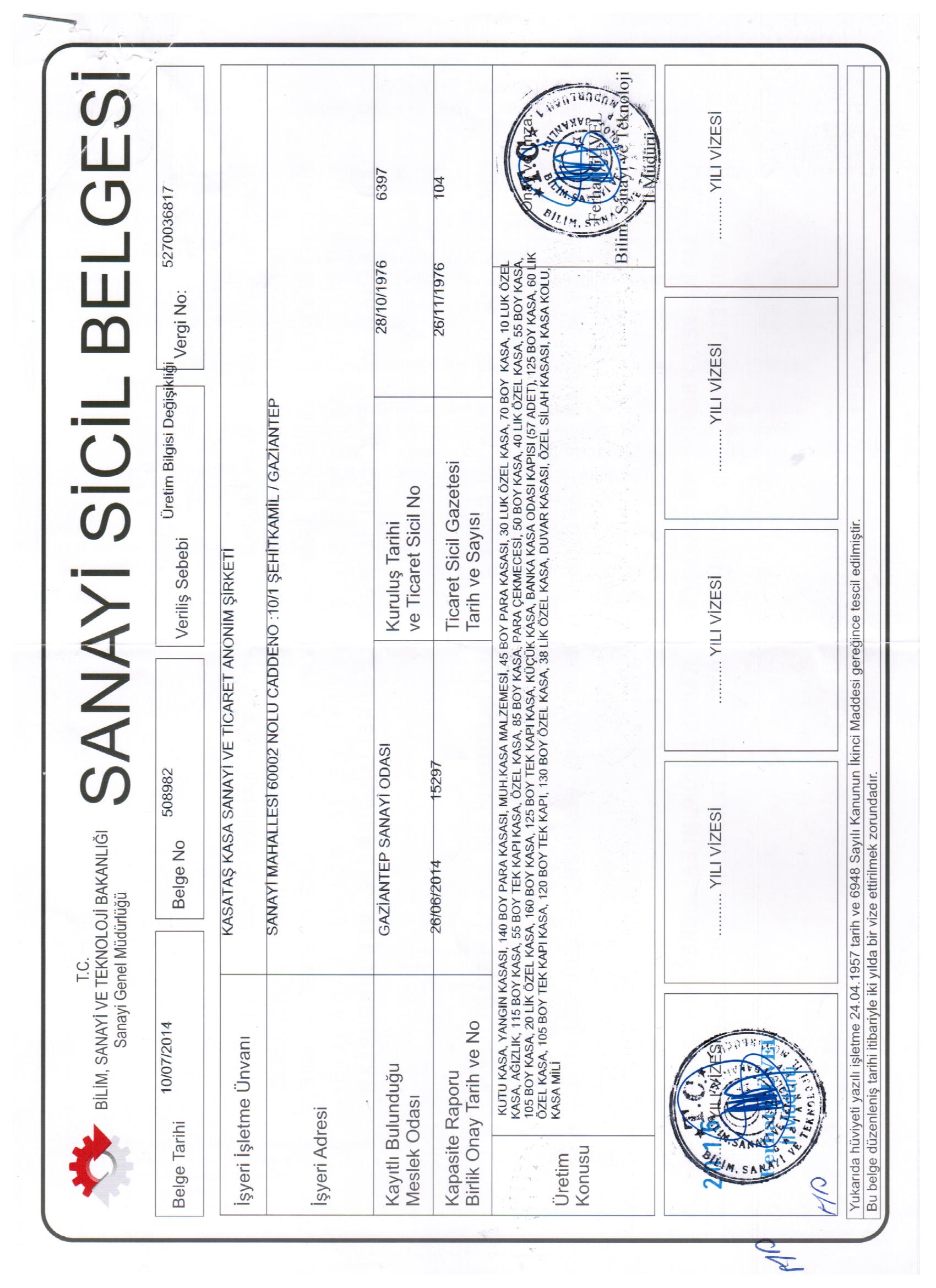 2018'E KADAR GEÇERLİ SANAYİ SİCİL BELGESİ