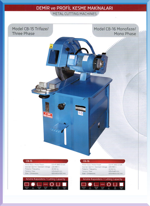 CD 15 - CD16 -  5.5 HP MOTORLU MONOFAZE 520*3*40 TESTERE TAŞLI DEMİR PROFİL KESME MAKİNALARI ( 2888€ )+KDV ADRESE TESLİM