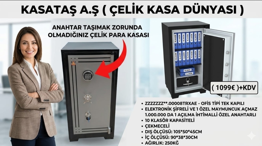 008TEK TEKKAPILI ELEKTRONİK ŞİFRELİ VE ANAHTARLI PARA KASASI 105X50X45CM 200KĞ ( 999EURO  )+KDV