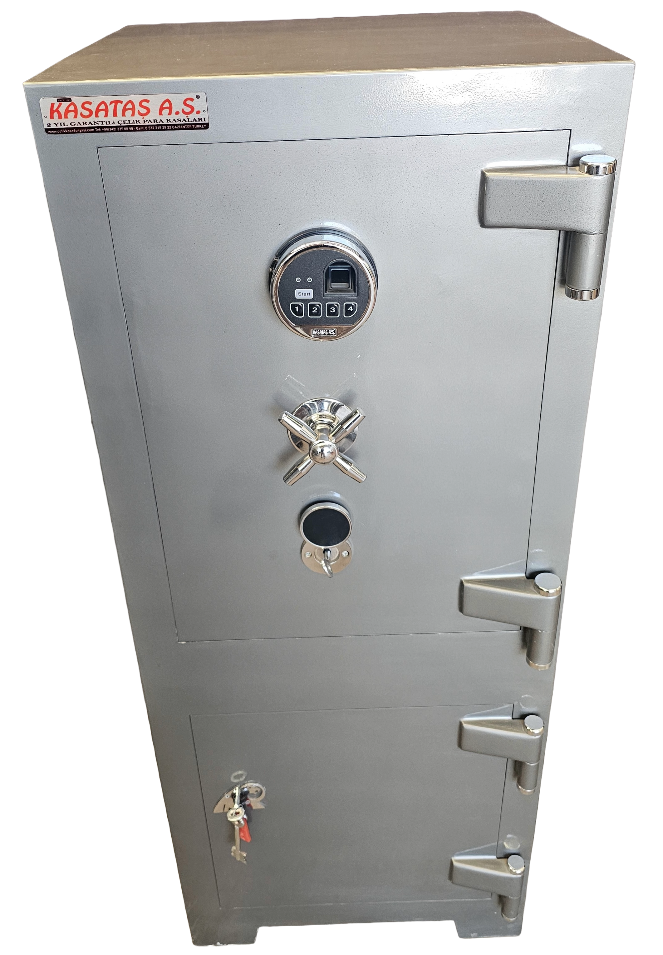 "       0010PACK GAZİANTEP OFİS TİPİ ALTI DOLAPLI PARMAK İZLİ  ELEKTRONİK ŞİFRELİ İÇİNDE TELESKOPİK RAYLI SAAT İÇİN 2 ADET AHŞAP ÇEKMECELİ YAPRAK MENTEŞELİ ÇELİK PARA KASASI 125*50*45CM 250KĞ ( 1350€ )+KDV