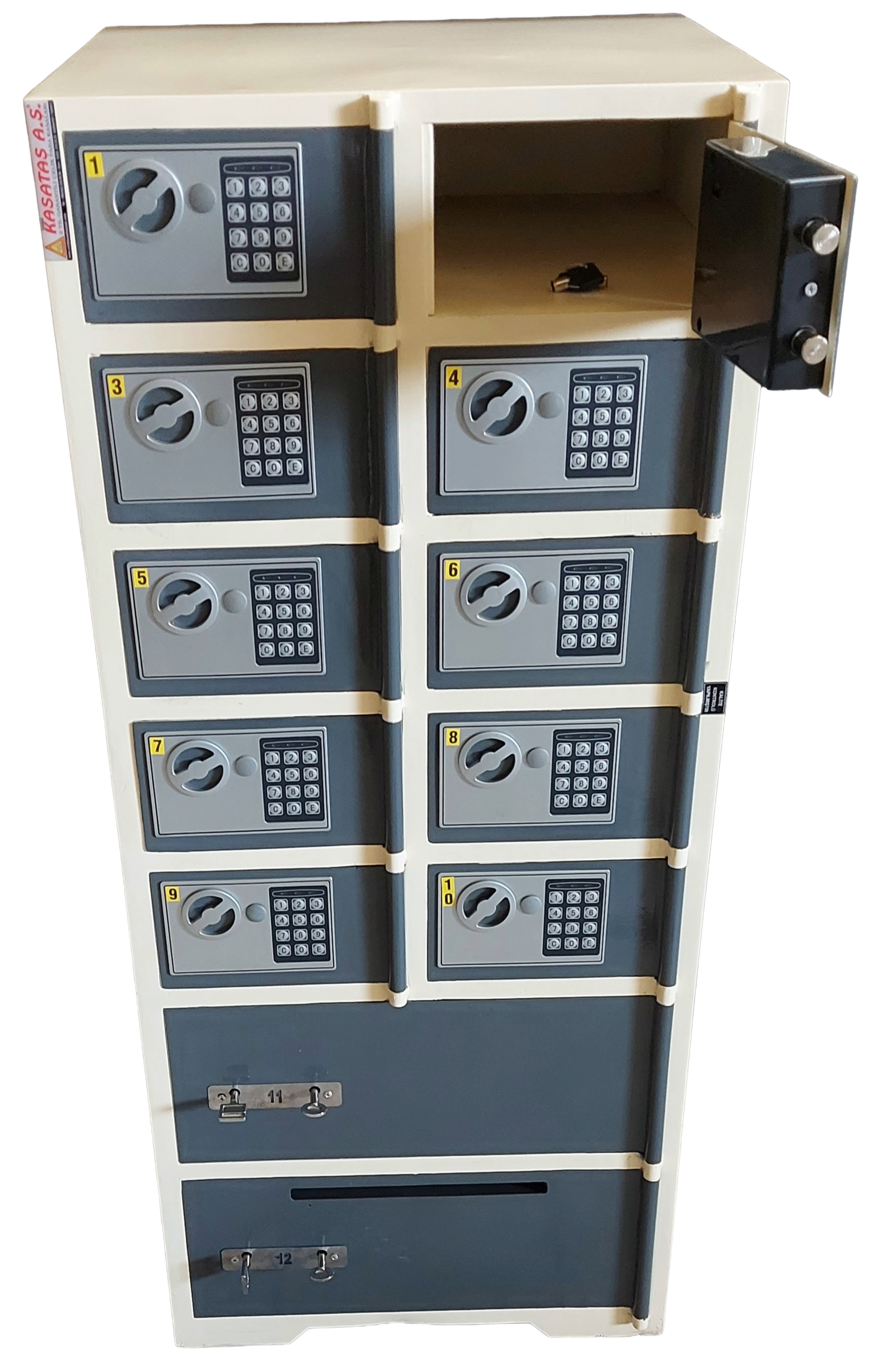 . BODRUM TİPİ 12 GÖZLÜ TURİZMCİ 10 GÖZÜ ELEKTRONİK ŞİFRELİ 2 ADET BÜYÜK GÖZLÜ 1 GÖZÜ KUMBARA DELİKLİ OTEL EMANET KASASI 117*50*45CM  50KĞ ( 1899€ )+KDV ADRESE TESLİM